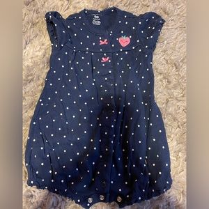 Carters - navy blue and white polka dot bubble romper with strawberry - 9 month